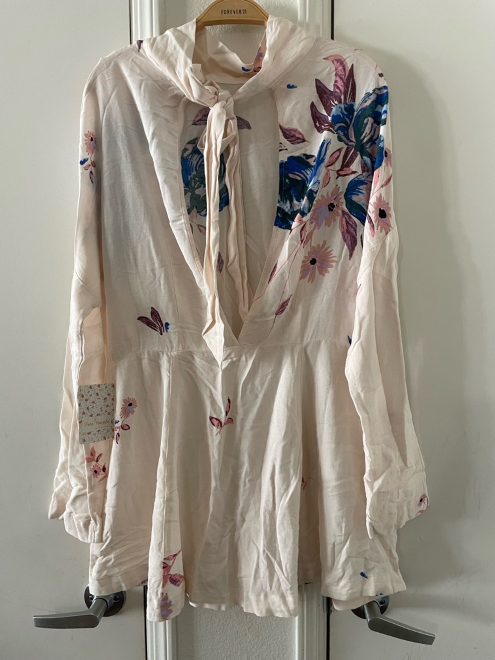 Free People Gemma Ivory Tunic Mini Dress Floral Multi Mock Neck Open Back - Picture 5 of 7
